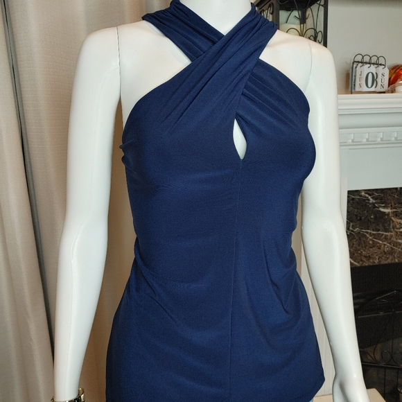 CHAPS CRISS CROSS FRONT HALTER TOP, MARINE NAVY L - Picture 3 of 11